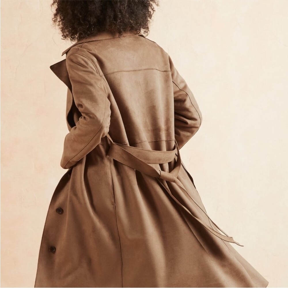Banana Republic Classic Trench Suede Coat Tan Brown Belt Pockets Sz L - Picture 2 of 13